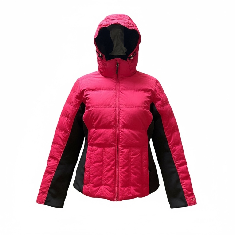 Vibrant Pink and Black Hooded Puffer Jacket by Obermeyer Size 8